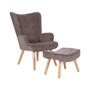 ALMA Πολυθρόνα - Μπερζέρα με Σκαμπό - Υποπόδιο Φυσικό Ύφασμα Velure Καφέ