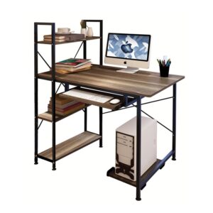 ΓΡΑΦΕΙΟ 4 Ράφια - Βάση Η/Υ - Συρταρωτή Θέση Πληκτρολογίου, Μέταλλο Μαύρο, Καρυδί