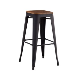 RELIX Wood Σκαμπό Bar, Μέταλλο Βαφή Μαύρο Matte Κάθισμα Dark Oak, Στοιβαζόμενο