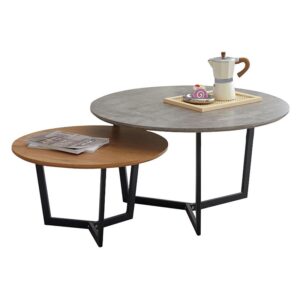 TEDDY Set-2 Τραπεζάκια Σαλονιού-Καθιστικού, Μέταλλο Μαύρο,Απόχρωση Καρυδί & Cement