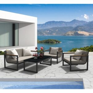 CORDOBA Set Καθιστικό ALU Ανθρακί: Καναπές+2 Πολυθρόνες+ Τραπεζάκι, Μαξιλάρια Μπεζ