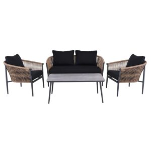 GASBA Set Σαλόνι Κήπου 4τεμ, Alu Ανθρακί, Rope Wicker Φυσικό, Μαξιλάρια Σκούρο Γκρι