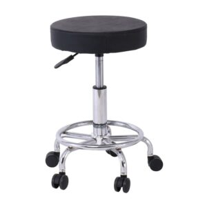 GLORY Σκαμπό με υποπόδιο, Βάση Χρώμιο, PU Μαύρο, Περιστρεφόμενο, Τροχήλατο