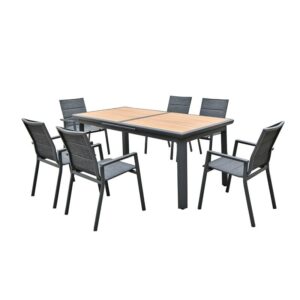 NAPOLI Set Dining ALU Κήπου: 6 Πολυθρόνες + Τραπέζι Επεκτ/νο Μαύρο-Καρυδί-Textilene Ανθρακί