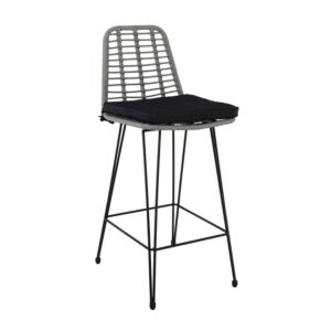 SALSA Σκαμπό BAR-Pro με Πλάτη, Μέταλλο Βαφή Μαύρο - Wicker Γκρι, με Μαξιλάρι Μαύρο