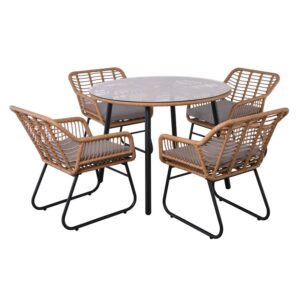 SALSA Τραπεζαρία: Μέταλλο Βαφή Μαύρο-Wicker Φυσικό, Μαξιλάρι Γκρι: Τραπέζι + 4 Πολυθρόνες