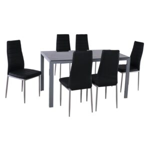 JETTA-DEGO Set Τραπεζαρία: Τραπέζι + 6 Καρέκλες, Μέταλλο Γκρι - Γυαλί Μαύρο - PVC Μαύρο