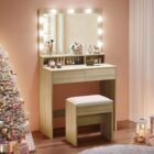 LUCY Set Τουαλέτα με Σκαμπό, Απόχρωση Sonoma, Καθρέπτης LED & θύρα USB