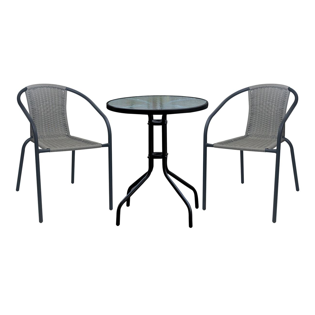 BALENO-W Set Κήπου - Βεράντας: Τραπέζι + 2 Πολυθρόνες Μέταλλο Βαφή Μαύρο, Wicker Mixed Grey