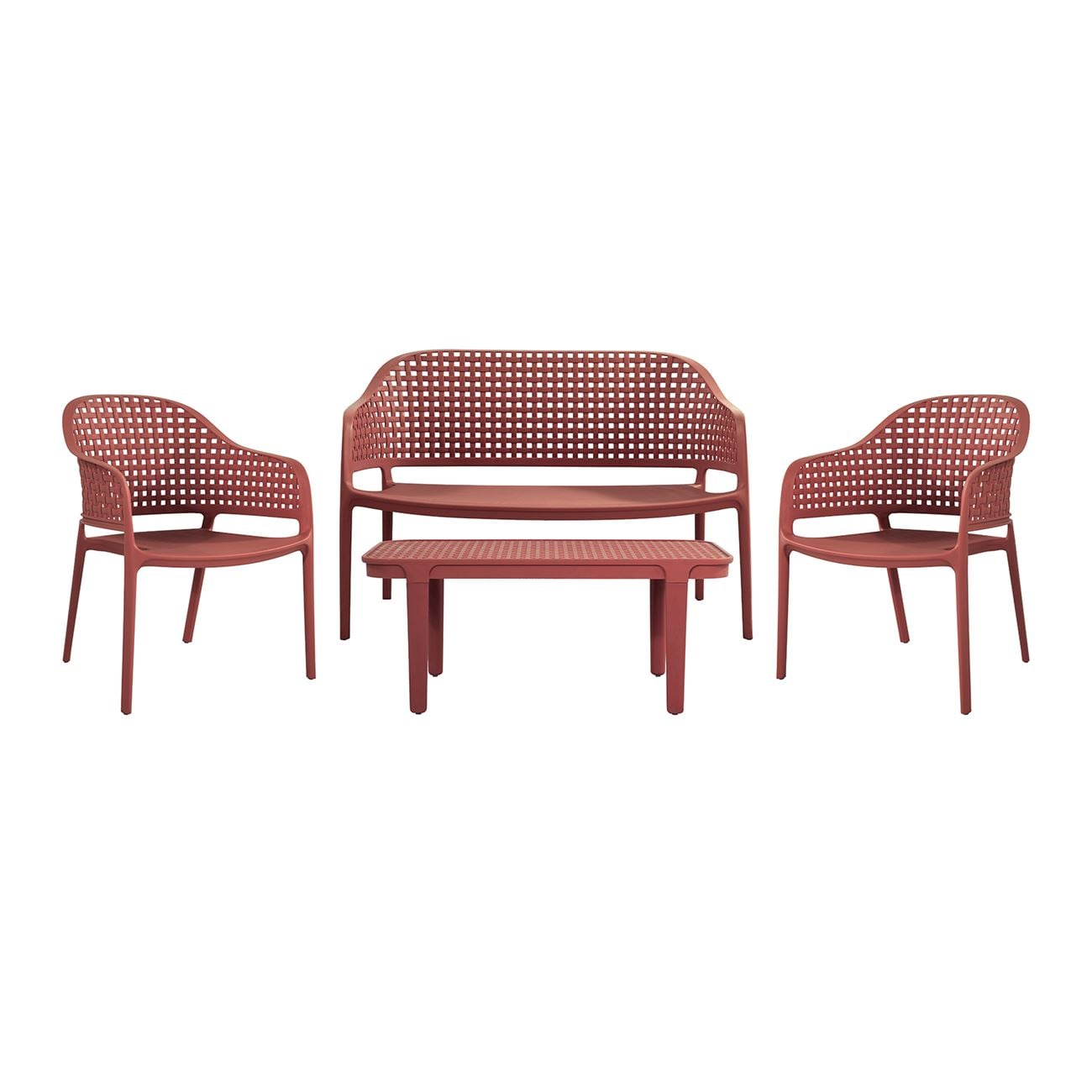 MALAGA Set Σαλόνι Κήπου PP-UV Bordeaux: Καναπές + 2 Πολυθρόνες + Τραπεζάκι