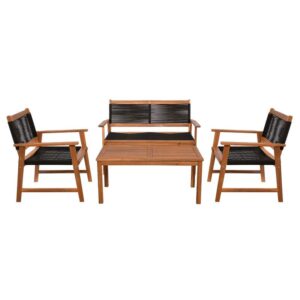 SPRING Set Σαλόνι Κήπου Ακακία Φυσικό, Wicker Μαύρο: Τραπέζι + Καναπέ 2Θέσιο + 2 Πολυθρόνες